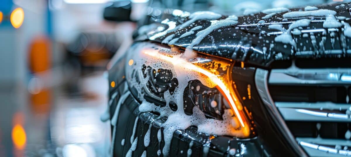 Professional car wash service shampooing black sports car in close up, automotive detailing concept.