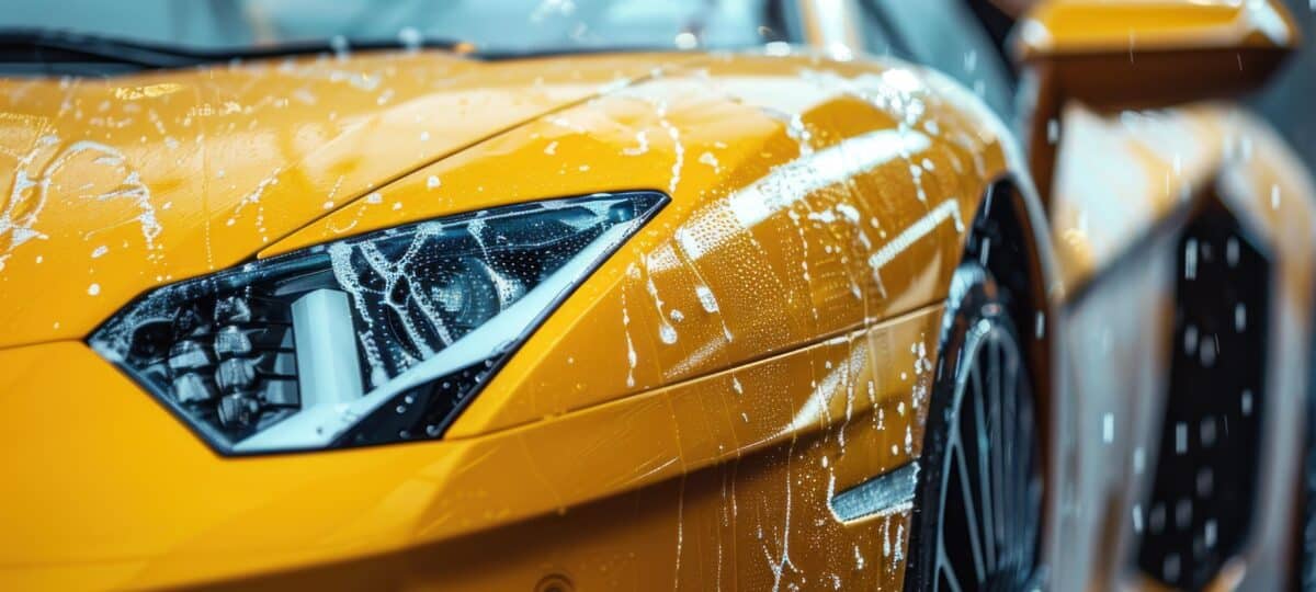 luxury sports car wash with fresh water drops