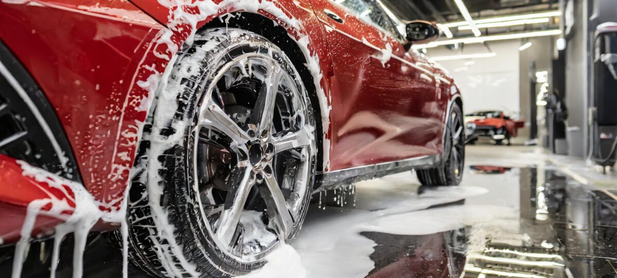 Sport red car in washing service with soap foam