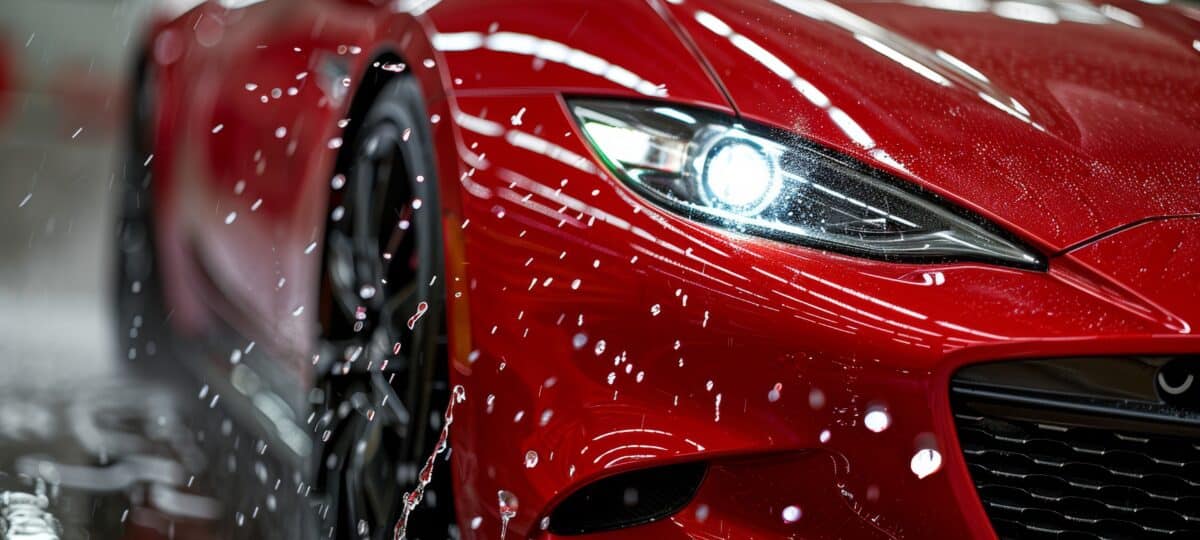 Close-up professional red car wash with shampoo foam and water splashes, auto detailing service