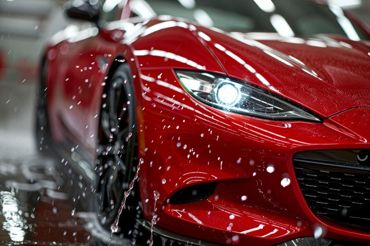 Close-up professional red car wash with shampoo foam and water splashes, auto detailing service